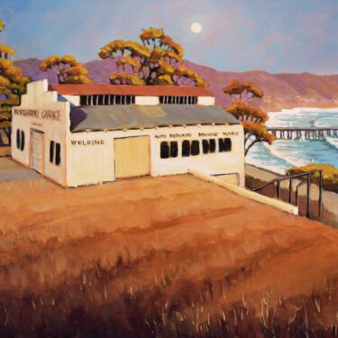Plein air painting of the Borradori Garage near Cayucos on the central coast of California in San Luis Obispo county