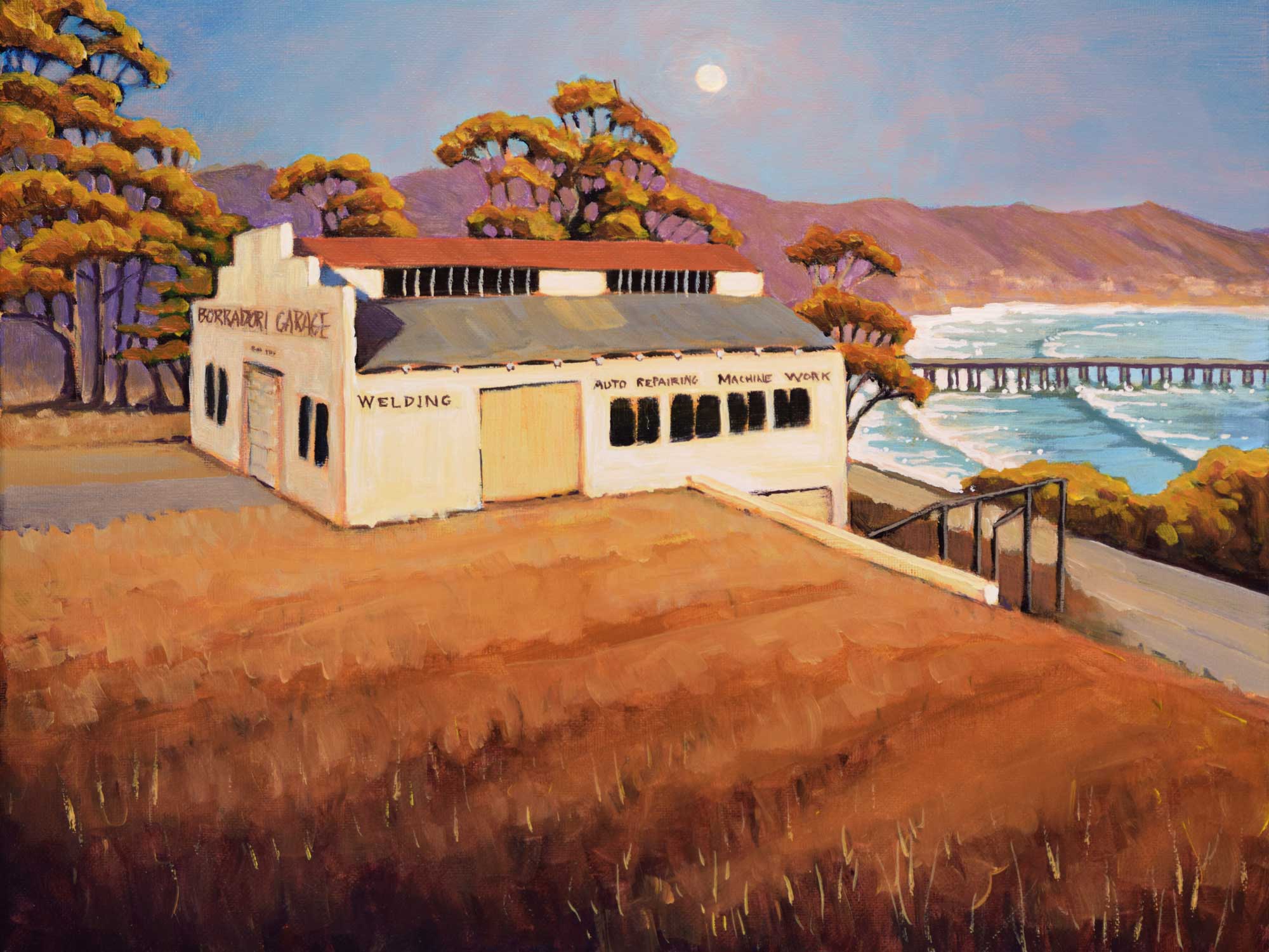 Plein air painting of the Borradori Garage near Cayucos on the central coast of California in San Luis Obispo county