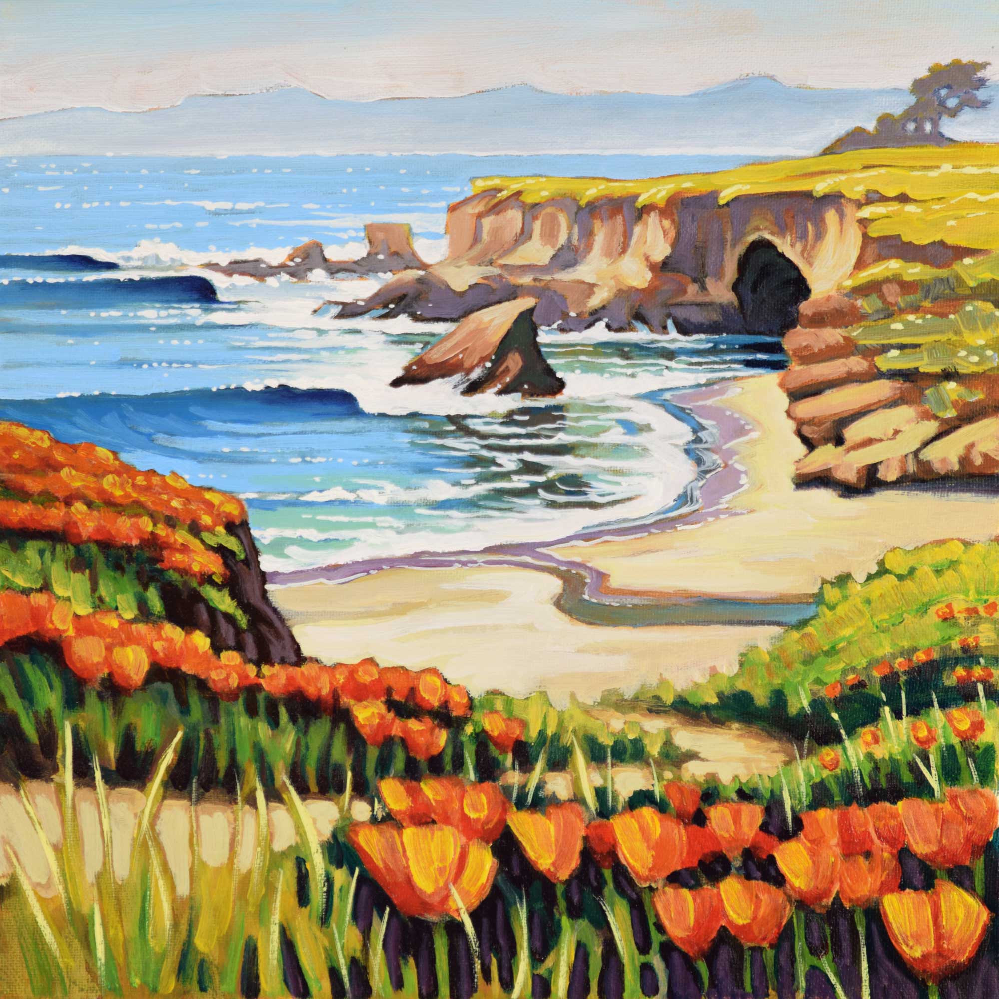 Landscape plein air painting of California poppies growing near Point Buchon on the San Luis Obispo County coast of California