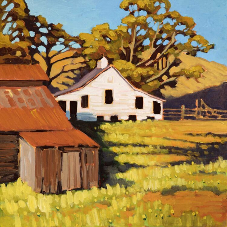 Plein air painting of an old dairy farm building at Cayucos on the central California coast of San  Luis Obispo County