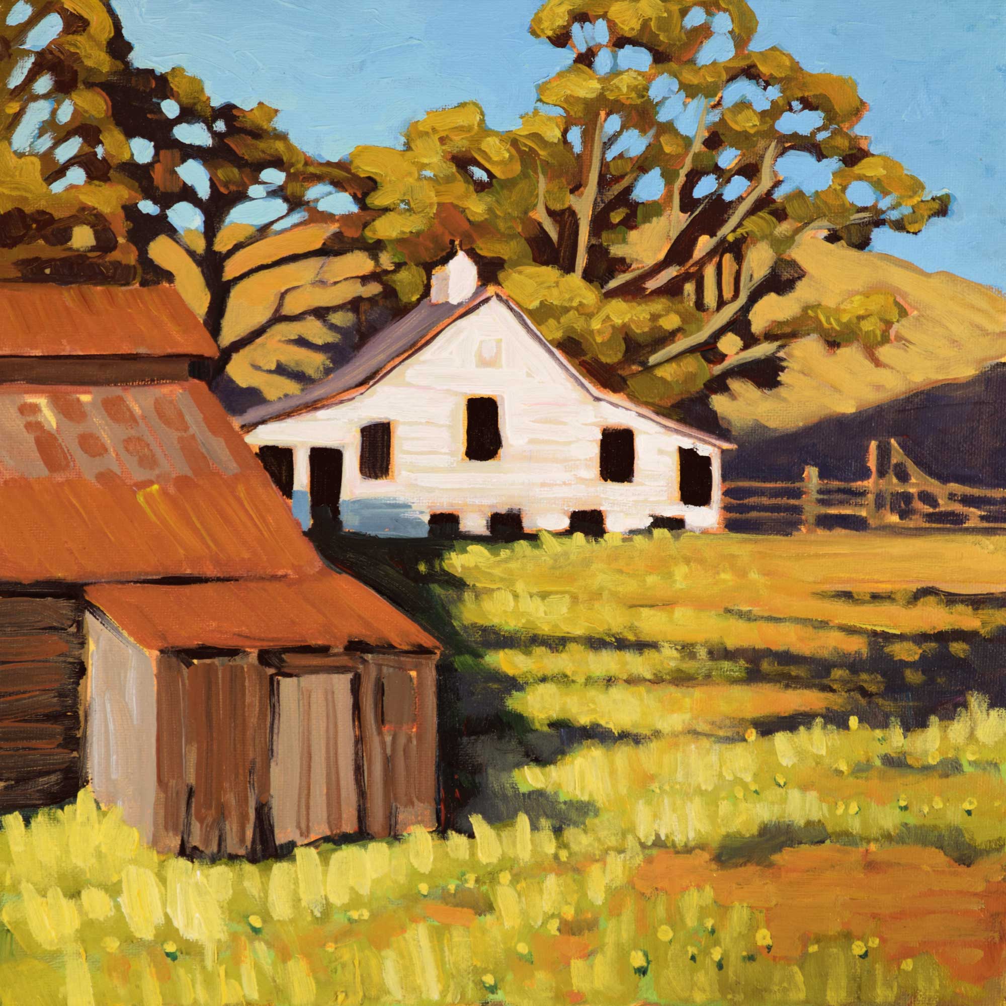 Plein air painting of an old dairy farm building at Cayucos on the central California coast of San  Luis Obispo County