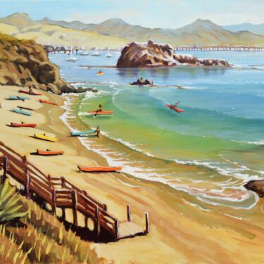 Plein air painting of kayaks on the beach at Port San Luis on the central California coast