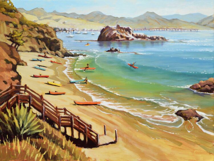 Plein air painting of kayaks on the beach at Port San Luis on the central California coast