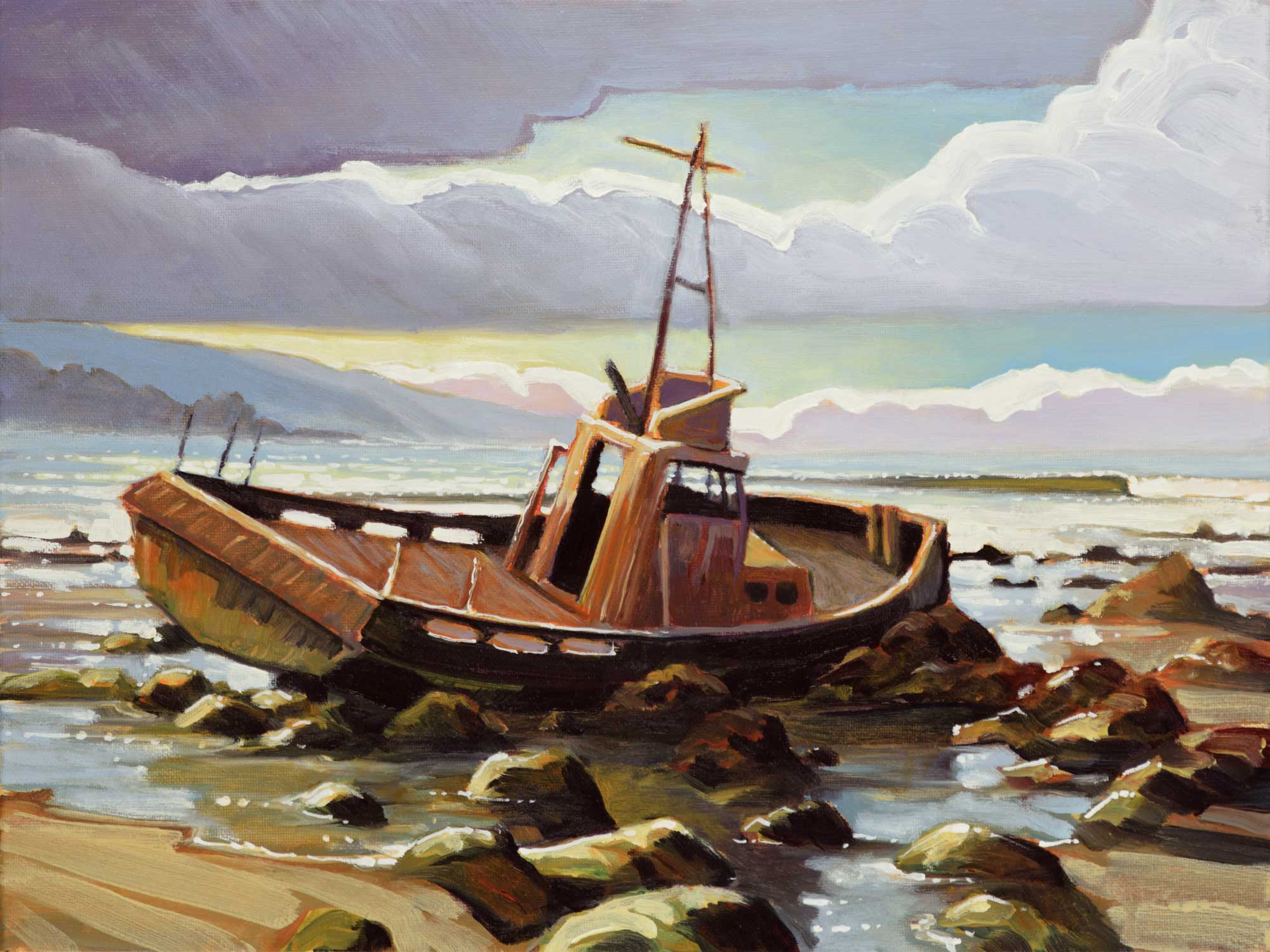Plein air painting of a shiprwreck near Cayucos on the San Luis Obispo County coast of central California