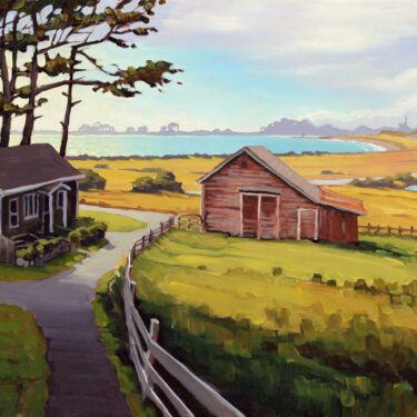 A plein air artwork painting of house and barn beside Humboldt Bay on the Northern California coast