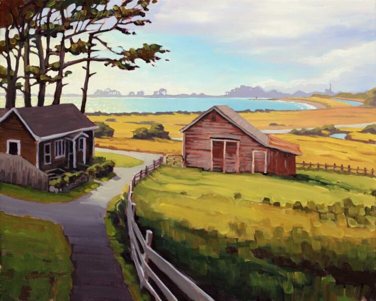 A plein air artwork painting of house and barn beside Humboldt Bay on the Northern California coast