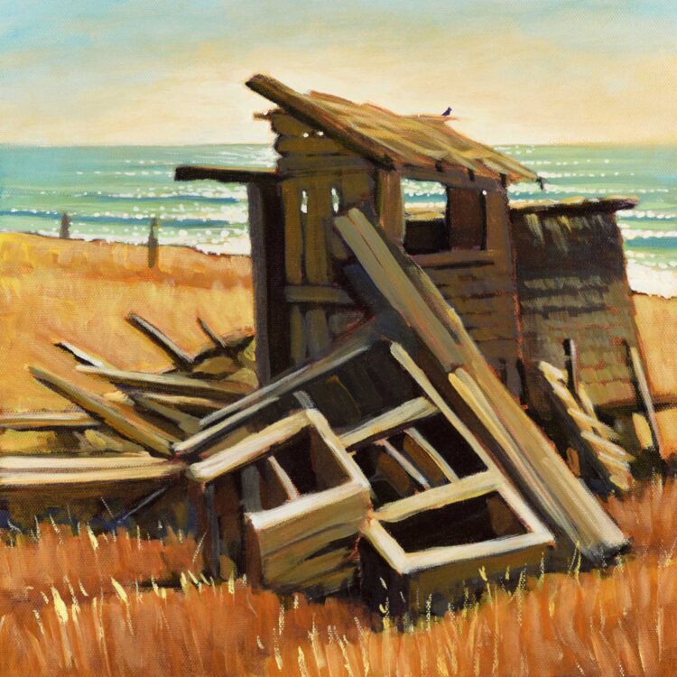 A plein air painting of a broken down hunting cabin on the Lost Coast Trail in Northern California's Humboldt County