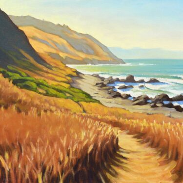 A plein air painting of the view from inside the Punta Gorda Lighthouse on the Lost Coast Trail in Humboldt, California