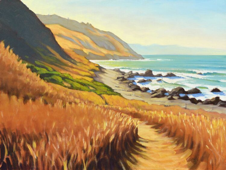 A plein air painting of the view from inside the Punta Gorda Lighthouse on the Lost Coast Trail in Humboldt, California