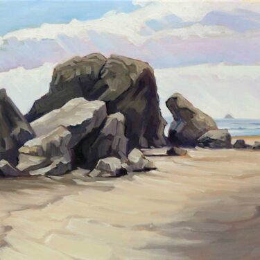 A plein air oil painting of rocks at Moonstone Beach on the Trinidad coast of Humboldt in Northern California