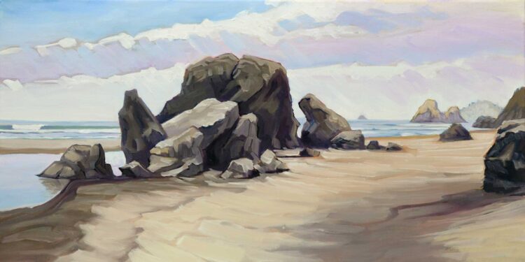A plein air oil painting of rocks at Moonstone Beach on the Trinidad coast of Humboldt in Northern California