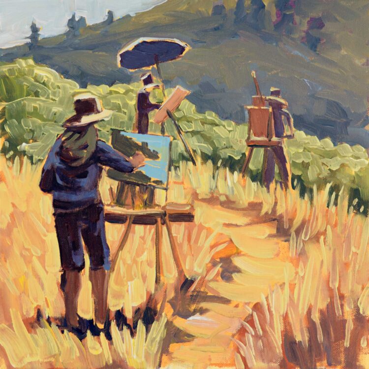 A quick plein air sketch of Wade Koniakowsky, Steve Taylor, and Steve Porter painting at Trinidad, California