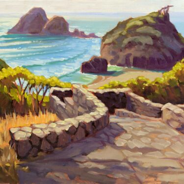 A plein air oil painting of stonework overlooking Camel Rock at Houda Point on the Trinidad coast of Humboldt California