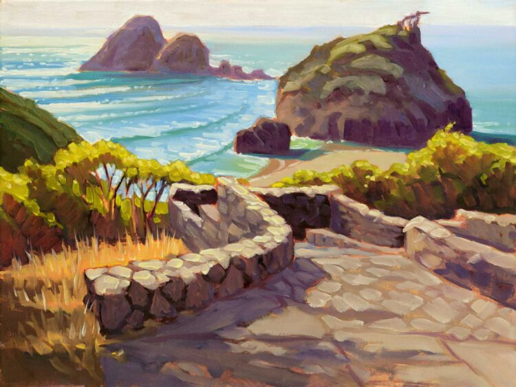 A plein air oil painting of stonework overlooking Camel Rock at Houda Point on the Trinidad coast of Humboldt California