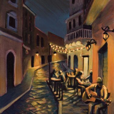Plein air painting of Dwight Harrington playing guitar on the street at night in Gaeta, Italy