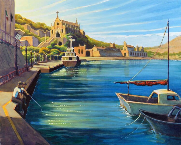 Plein air painting of the harbor at Gaeta, Italy