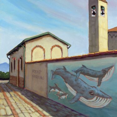 Plein air painting of mural on a church wall by Chris Del Moro and graffiti that say to Read Kerouac in Marina Di Pisa, Italy