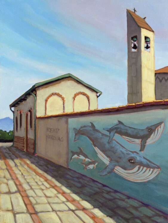 Plein air painting of mural on a church wall by Chris Del Moro and graffiti that say to Read Kerouac in Marina Di Pisa, Italy