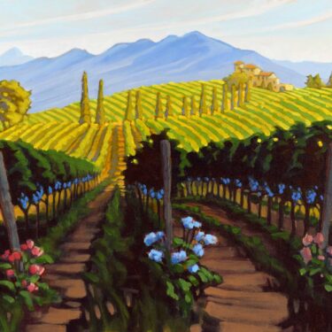 Plein air painting of flowers in a vineyard in Tuscany, Italy