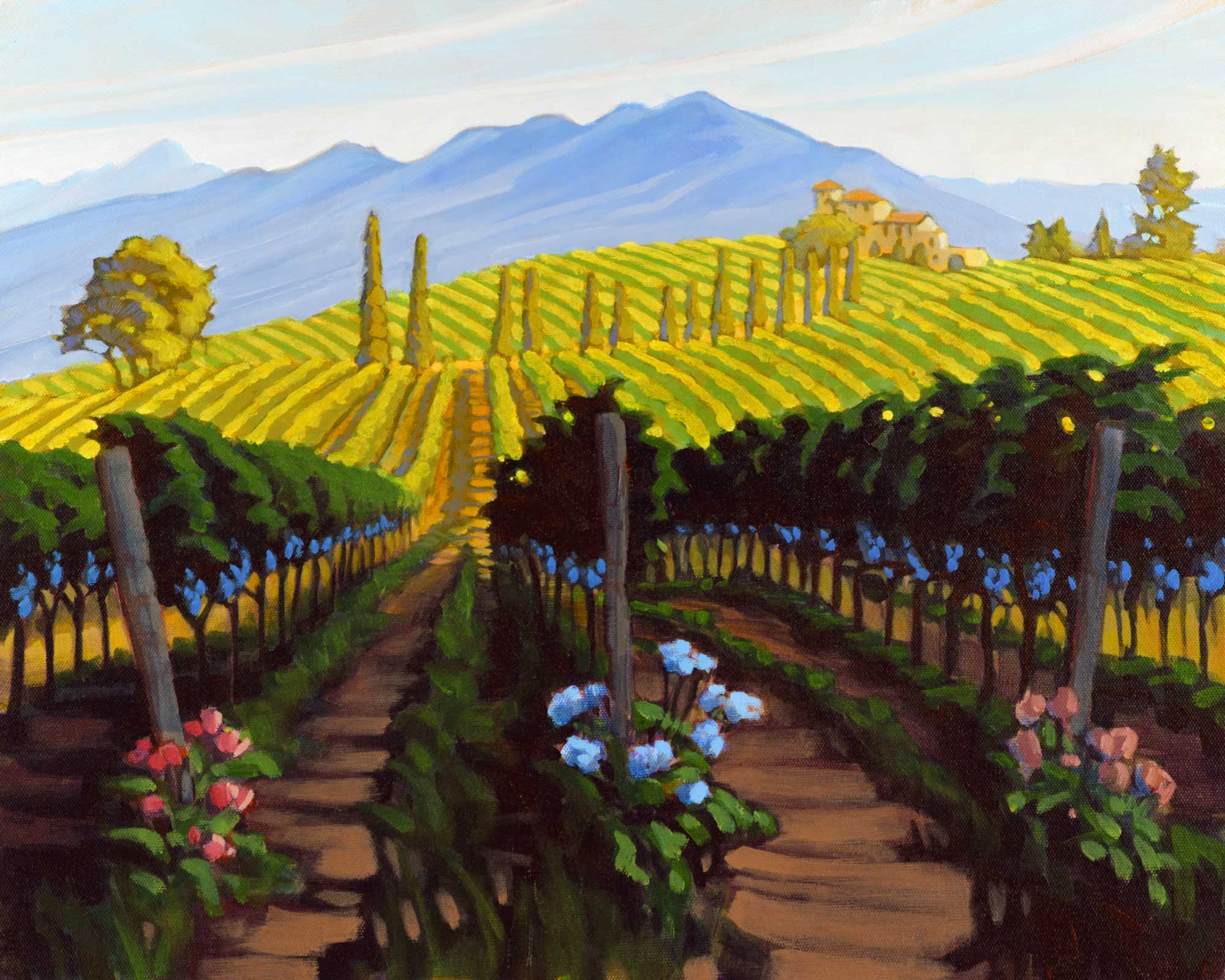 Plein air painting of flowers in a vineyard in Tuscany, Italy