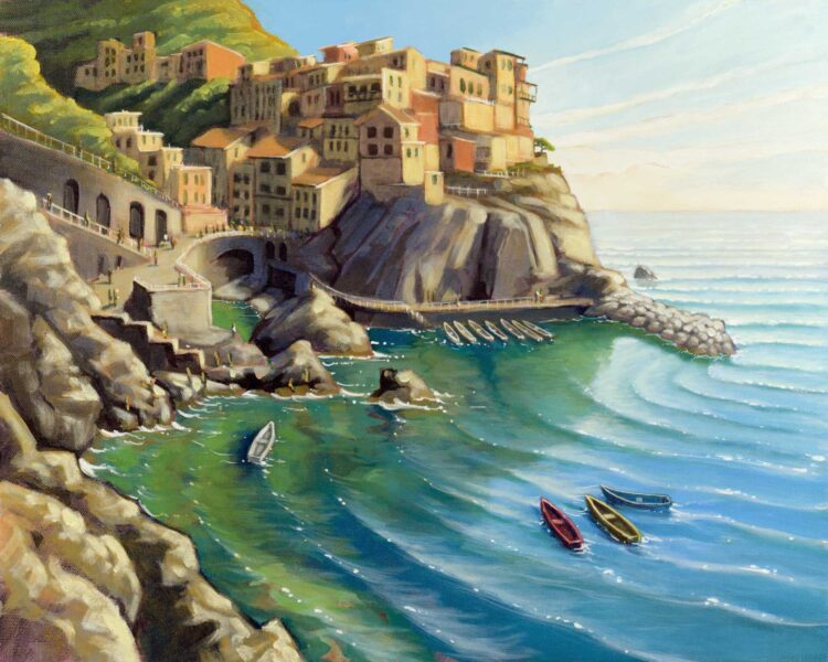 Plein air painting of a Cinque Terra village on the coast of Italy