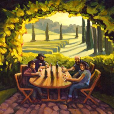Plein air painting of friends at a table in Tuscany, Italy