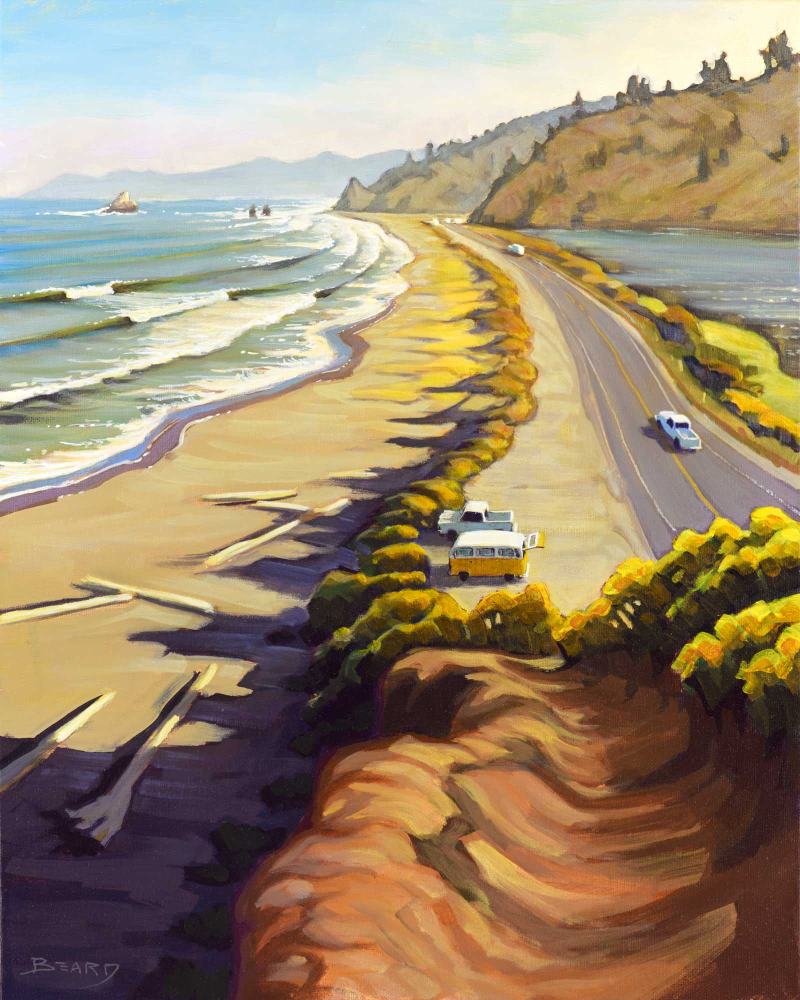 Plein air painting overlooking Highway 101 at Freshwater lagoon on the Humboldt coast of Northern California