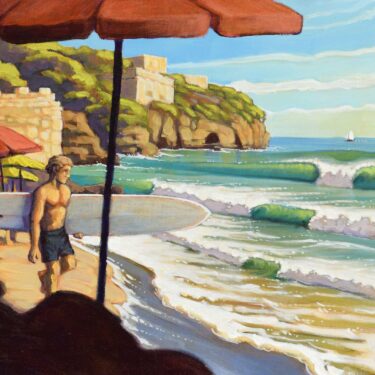 Painting of Dwight Harrington carrying a surfboard on Serrapo Beach, near Gaeta, Italy