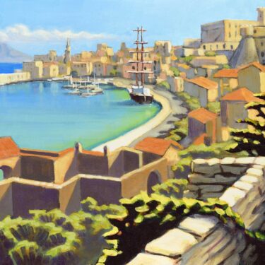 Plein air painting of the harbor and town at Gaeta, Italy