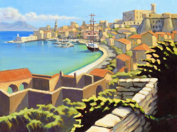 Plein air painting of the harbor and town at Gaeta, Italy