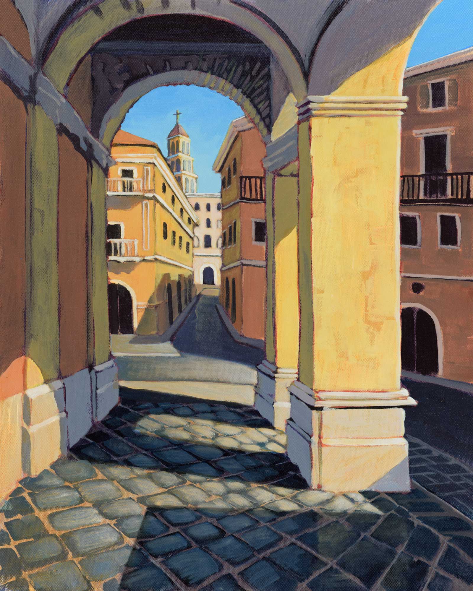 Plein air painting of antique archways in a courtyard in the town of Gaeta, Italy