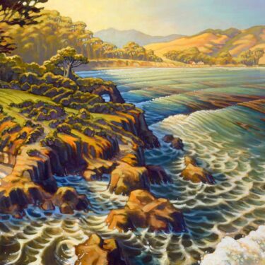 Aerial view artwork of San Simeon point and cove and Hearst Castle on the San Luis Obispo coast of California