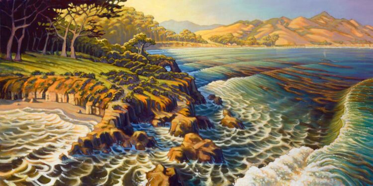 Aerial view artwork of San Simeon point and cove and Hearst Castle on the San Luis Obispo coast of California