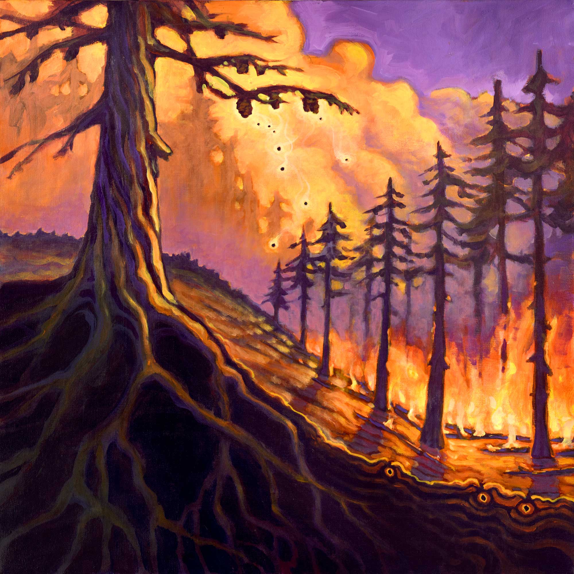 Painting of a wildfire burning a forest and causing a tree to release it's seeds
