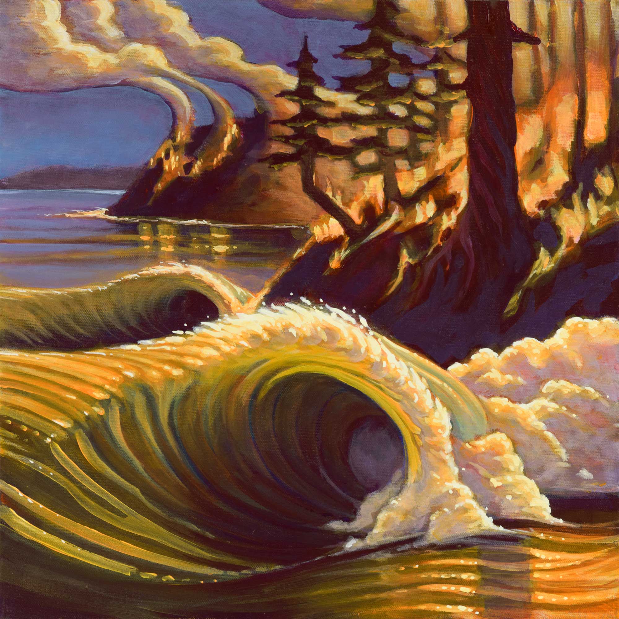 Painting of a wave breaking along a rugged coast with wildfires burning