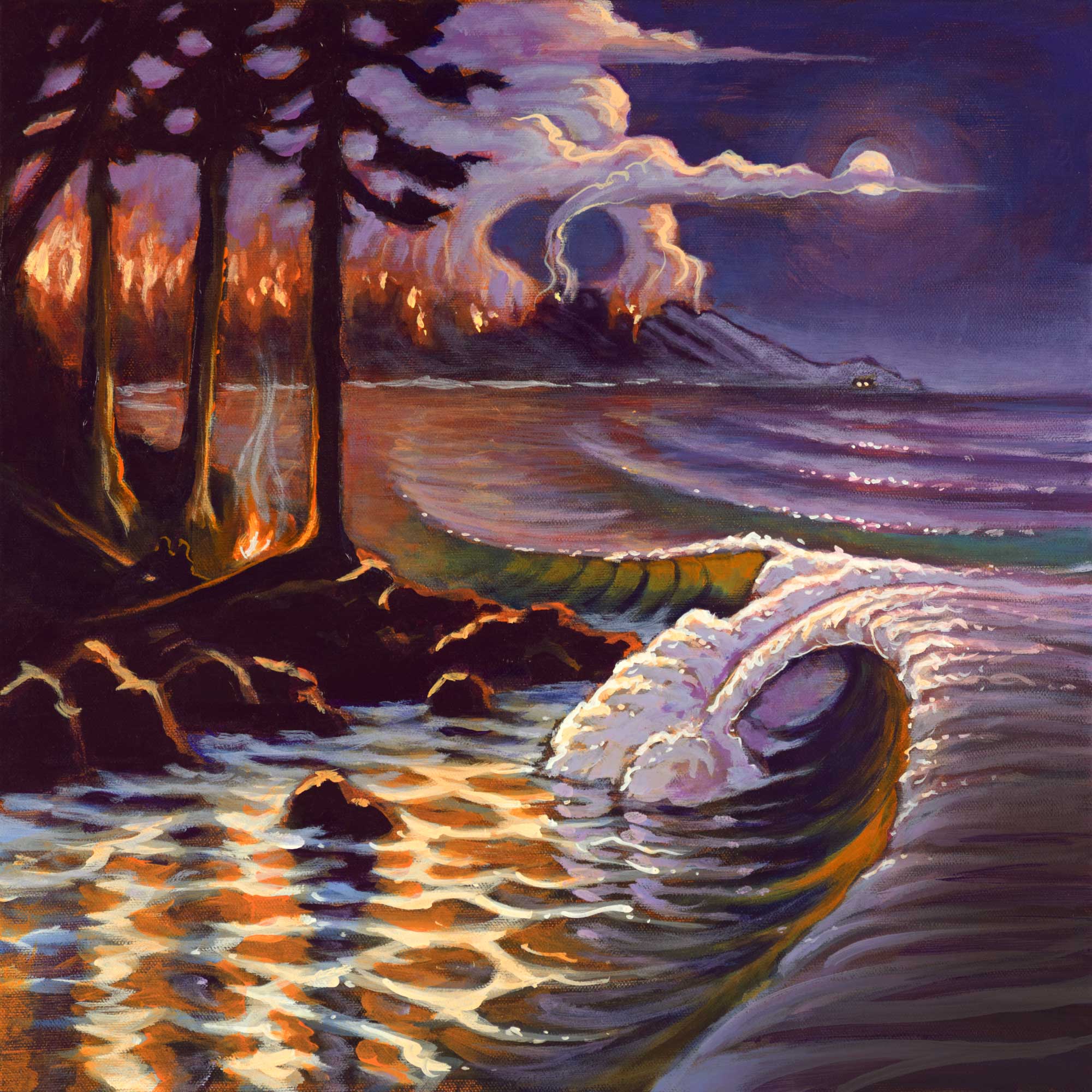 Painting of rocky coast at night with a wildfire in the distance