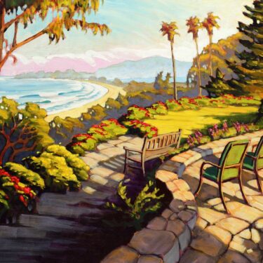 Plein air painting of Dipsea Garens overlooking Stinson beach and Bolinas Lagoon on the Marin coast of Northern California