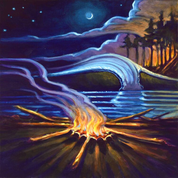 Painting of a campfire on the beach at night beneath a sliver of a moon