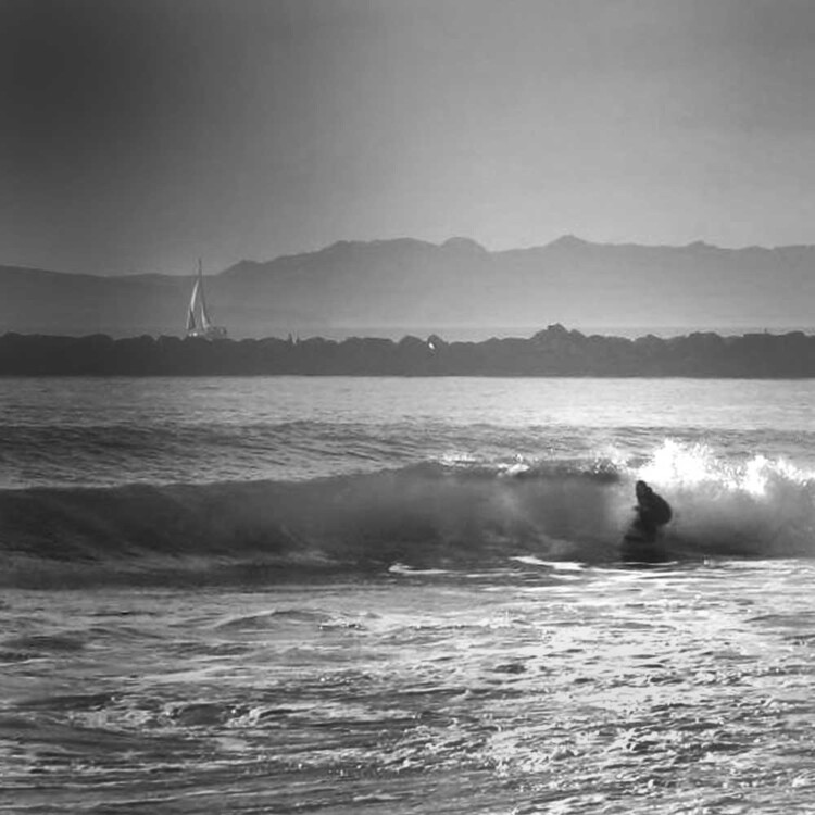 Artist Matt Beard crouches into small wave in southern California