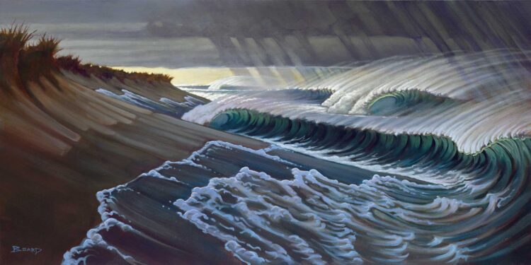 Painting of a dark storm and waves breaking off a beach in Northern California