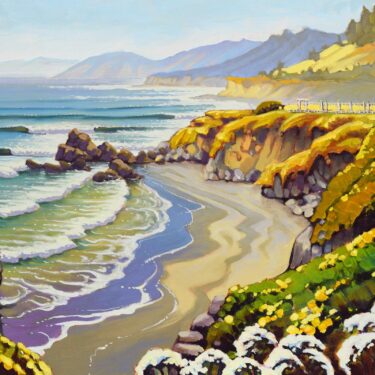 A plein air landscape painting of the beach and cemetery near Wages Creek on the Mendocino coast of California