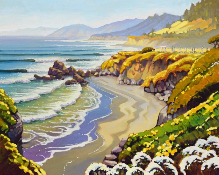 A plein air landscape painting of the beach and cemetery near Wages Creek on the Mendocino coast of California