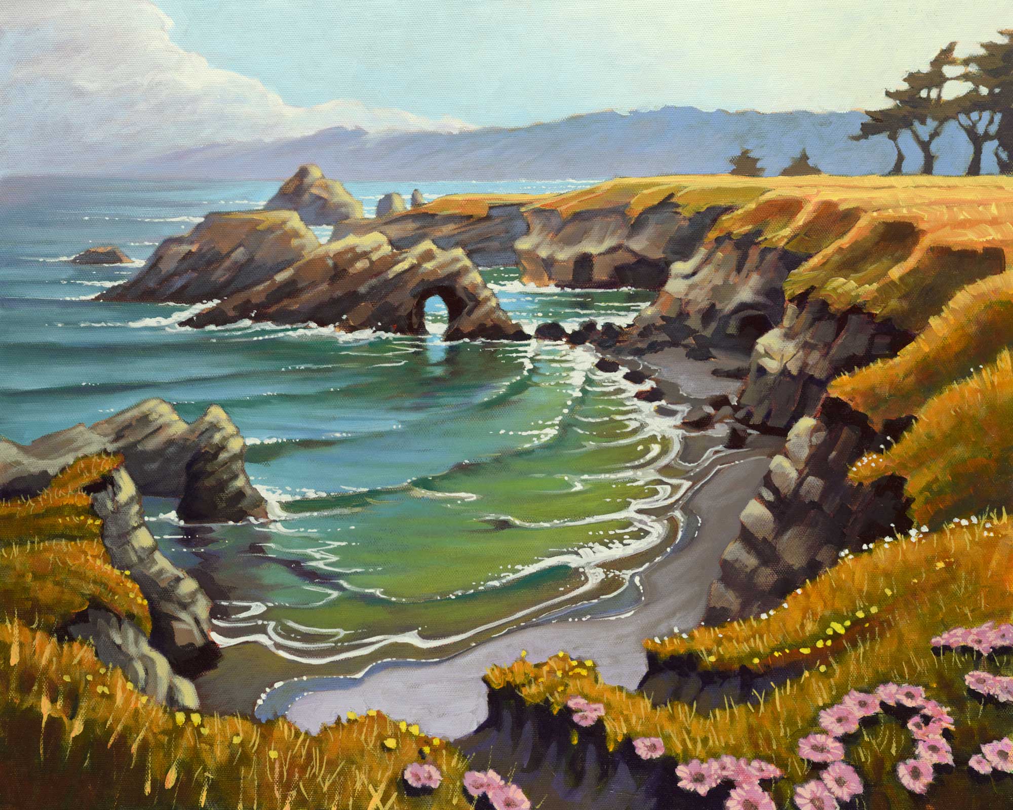 Plein air landscape painting of the Mendocino Headlands on the northern coast of California
