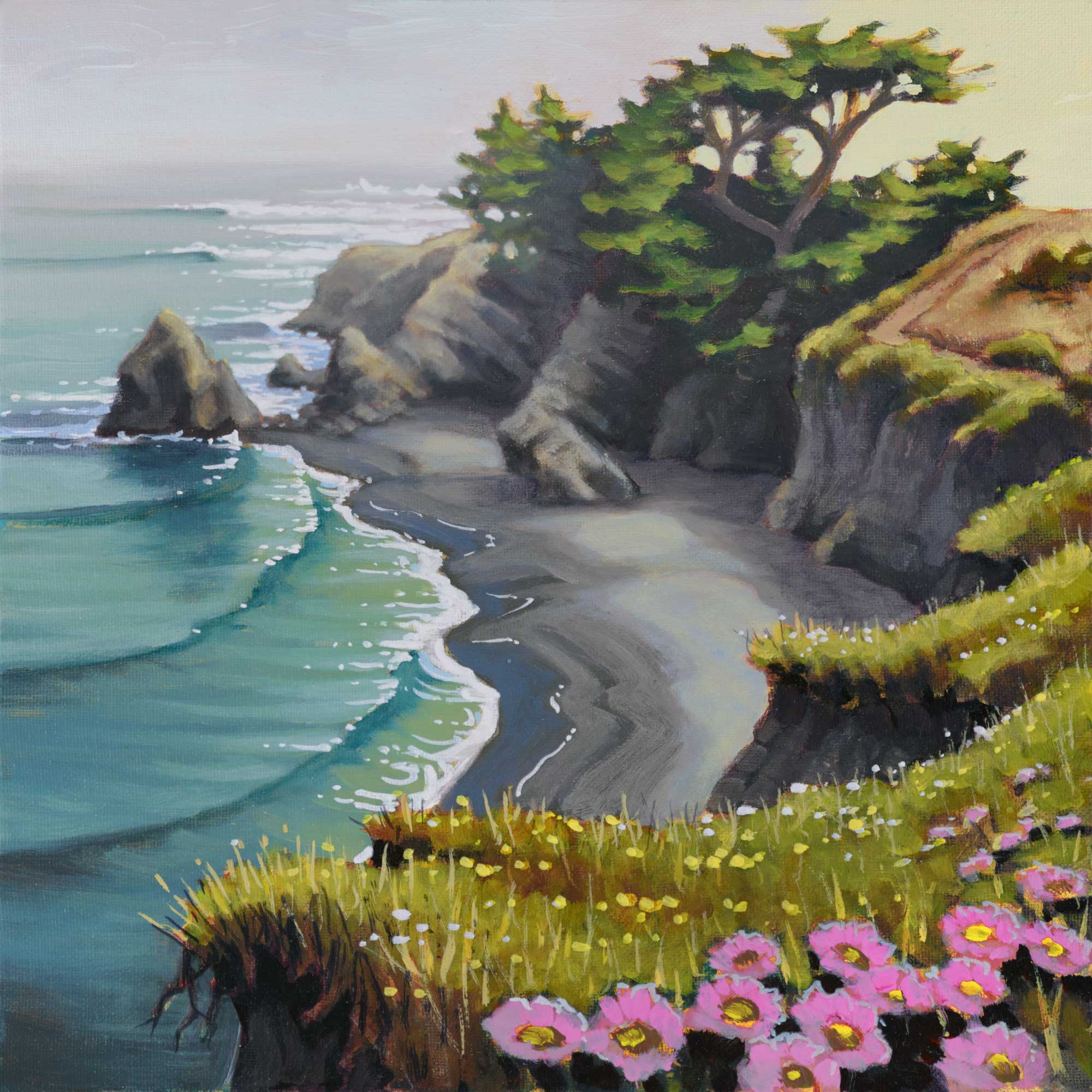 Plein air landscape painting of a cove at the Mendocino Headlands on the coast of Northern California