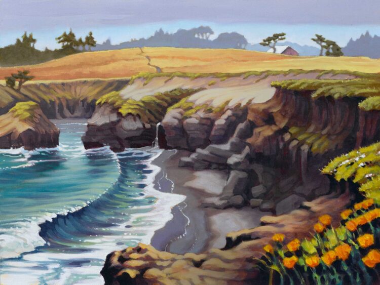 Plein air landscape painting of a rocky cove at Spring Ranch on the Mendocino coast of northern California