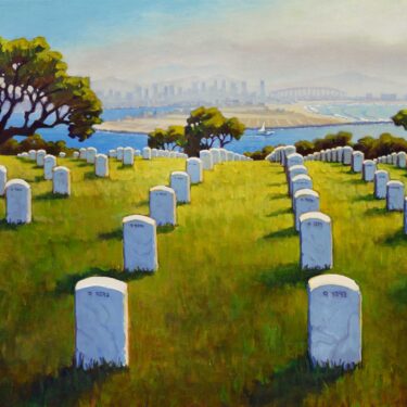 A plein air painting of the Fort Rosecrans military cemetery and the San Diego skyline on the coast of southern California