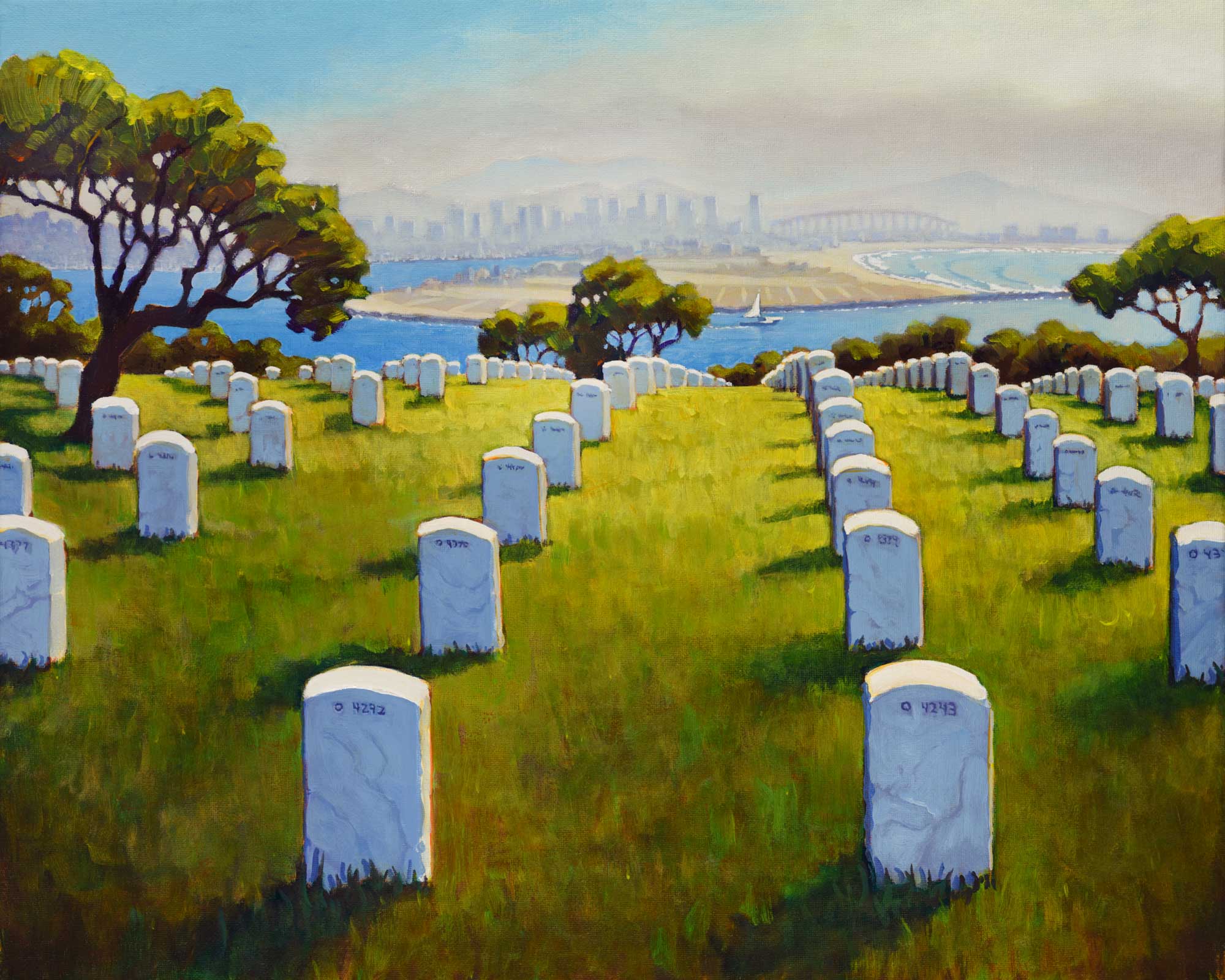 A plein air painting of the Fort Rosecrans military cemetery and the San Diego skyline on the coast of southern California