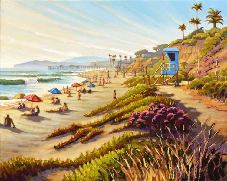 A plein air landscape painting of a busy day at La Suens beach in San Clemente on the Orange county coast of southern California
