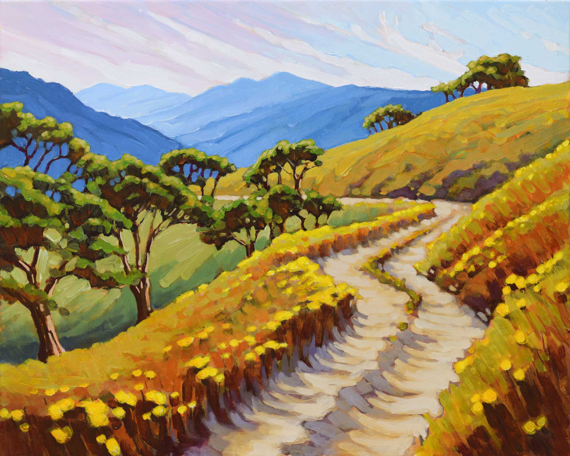 A plein air painting of a dirt road at Lyon's Ranch in the Bald Hills of Humboldt County, California