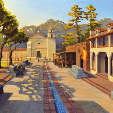 A plein air painting of the Ventura Mission and aqueduct fountain on the Southern California coast